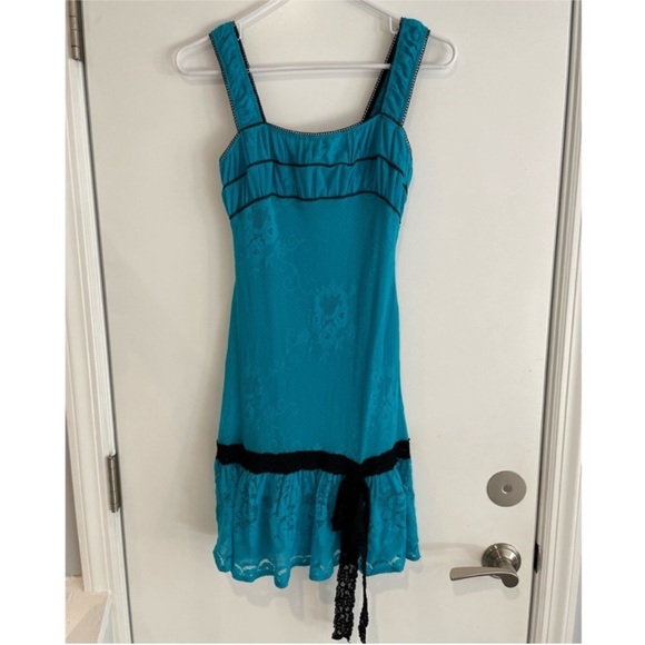 Betsey Johnson RARE Aqua Floral Dot Net Drop Waist Dress w/Slip Size Medium - Picture 1 of 10